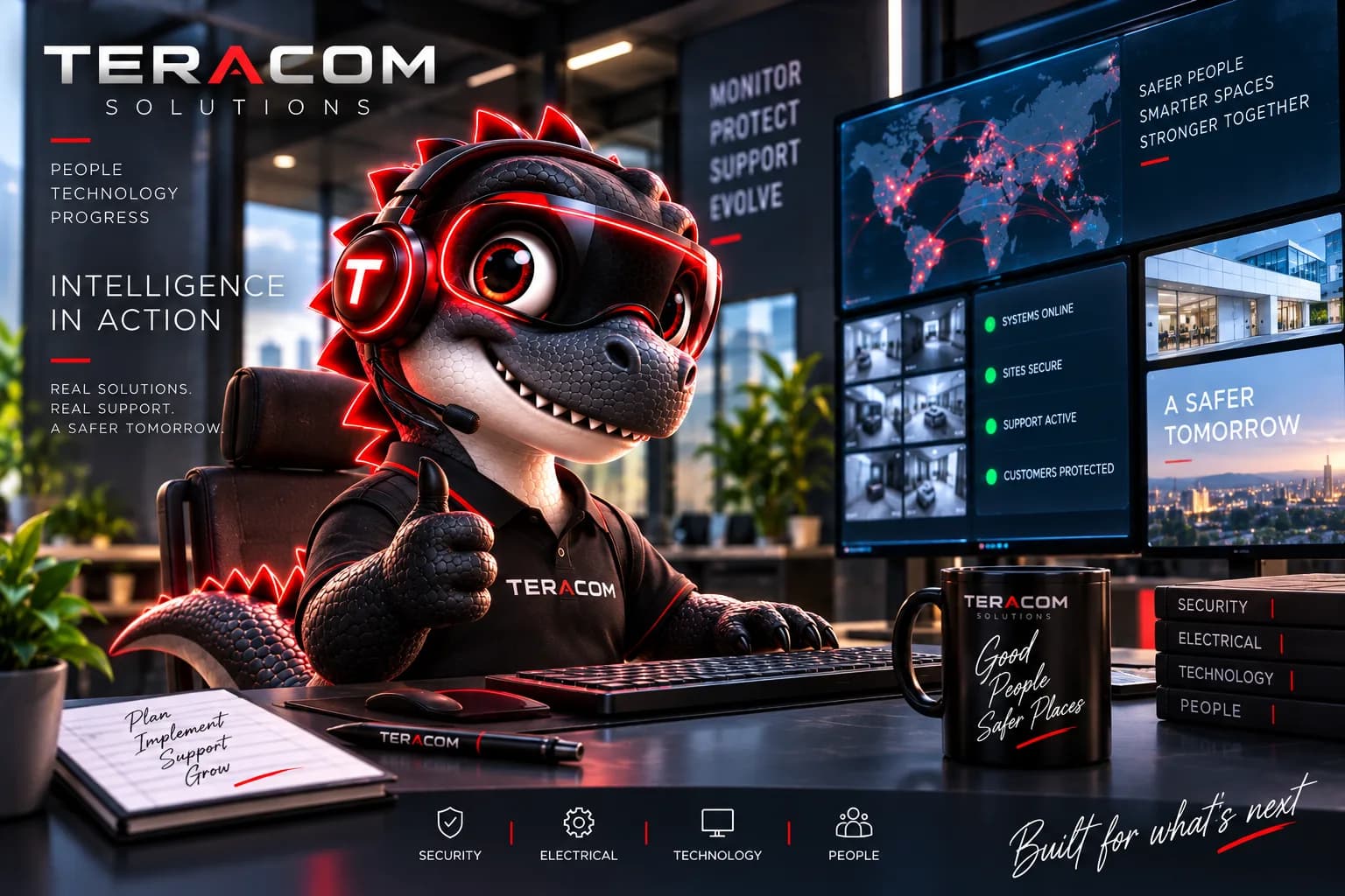 Tera, the Teracom AI mascot, at a security command centre desk -- intelligence in action
