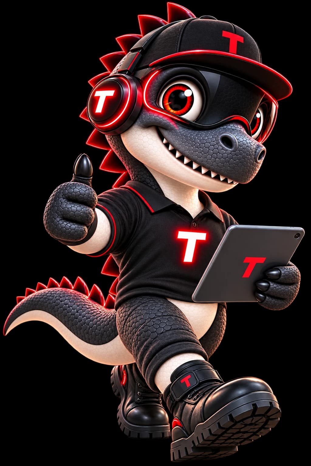 Teracom mascot giving a thumbs up while holding a tablet