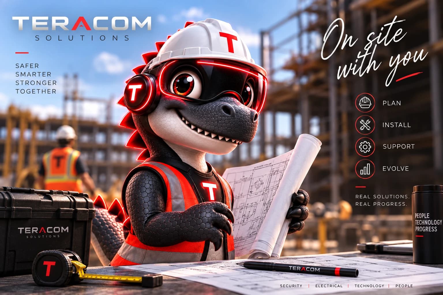 Teracom mascot on a building site reviewing plans -- plan, install, support, evolve