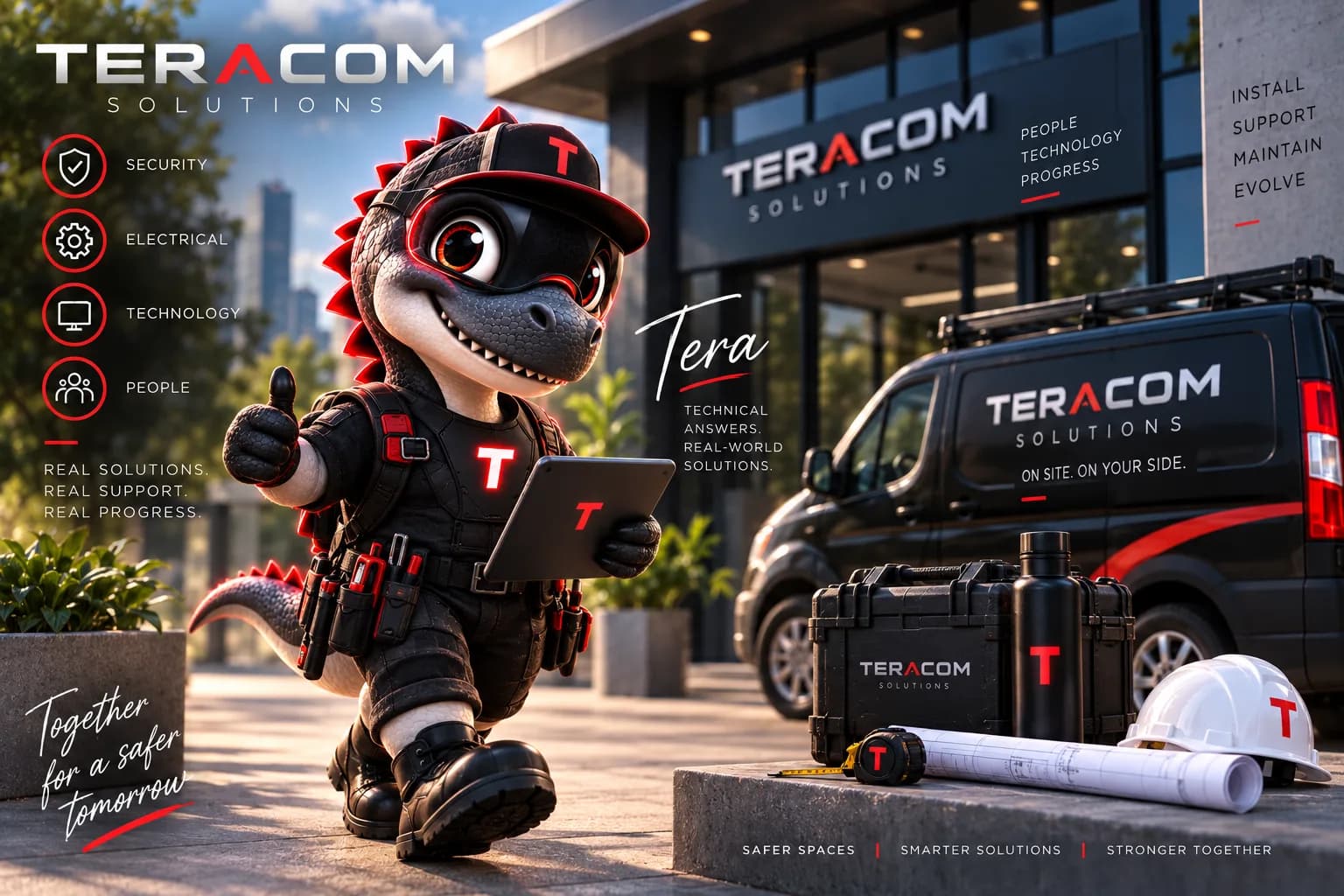 Tera, the Teracom mascot, outside a Teracom Solutions building beside a Teracom service van